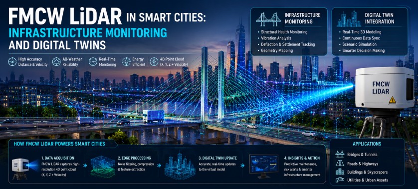 FMCW LiDAR in Smart Cities: Infrastructure Monitoring and Digital Twins